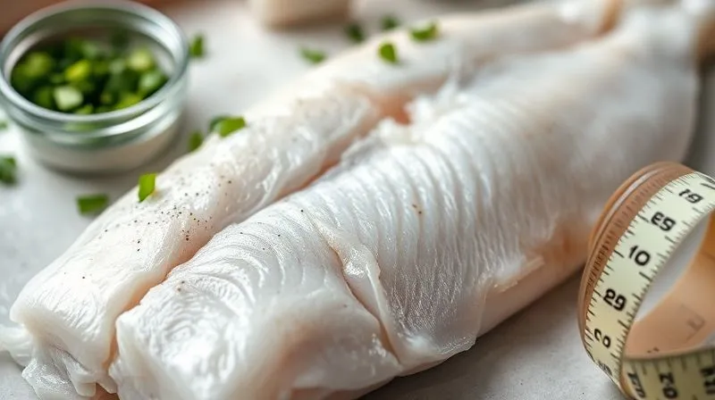 A close-up, photorealistic, professional photography, 8K, cinematic lighting, sharp focus, depth of field, shot on a high-end DSLR, of a raw cod fillet showing its lean, white flesh, next to a small bowl of fresh herbs and a measuring tape, subtly suggesting health and nutrition.