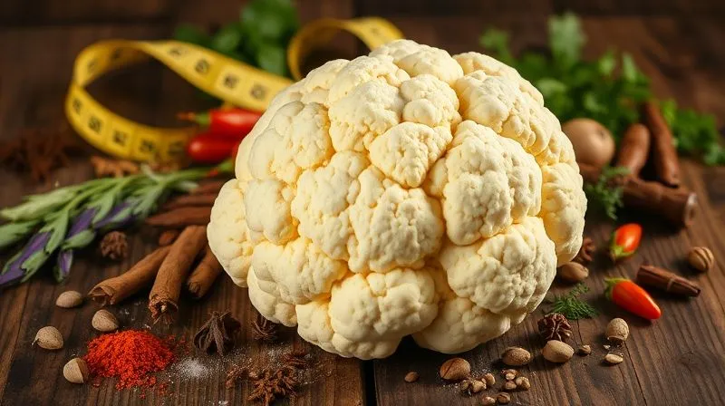 photorealistic, professional photography, 8K, cinematic lighting, sharp focus, depth of field, shot on a high-end DSLR image of a vibrant, fresh head of cauliflower surrounded by various colorful spices and herbs on a rustic wooden table, with a measuring tape subtly draped in the background, symbolizing health and weight loss.