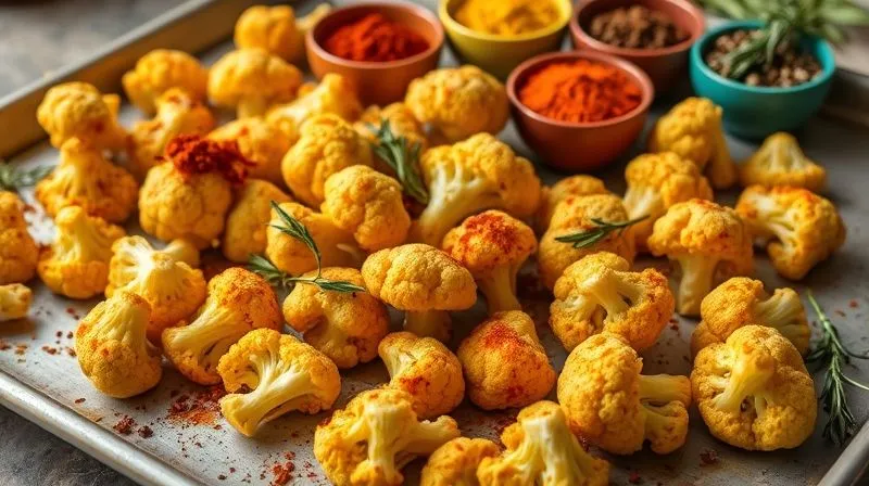 photorealistic, professional photography, 8K, cinematic lighting, sharp focus, depth of field, shot on a high-end DSLR image of a beautiful array of roasted cauliflower florets, some seasoned with paprika, some with turmeric, and others with fresh rosemary, on a rustic baking sheet, with various small bowls of vibrant spices in the background.