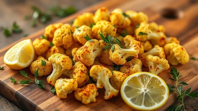 photorealistic, professional photography, 8K, cinematic lighting, sharp focus, depth of field, shot on a high-end DSLR image of a rustic wooden cutting board laden with perfectly roasted cauliflower florets seasoned with vibrant spices like turmeric and paprika, alongside fresh herbs and a wedge of lemon. The scene is warm and inviting, emphasizing healthy, flavorful eating.
