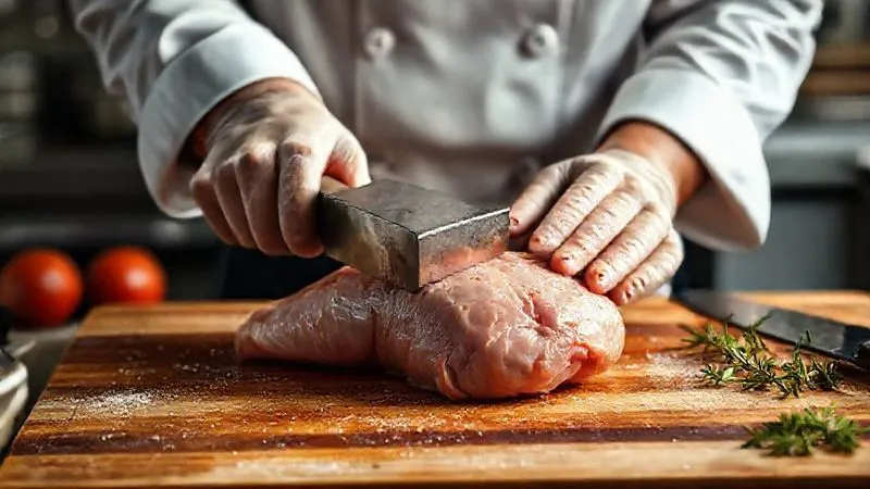 Photorealistic image of a chef's hands gently flattening a raw chicken breast with a meat mallet on a cutting board, professional kitchen background, cinematic lighting, sharp focus, 8K, depth of field, shot on a high-end DSLR.