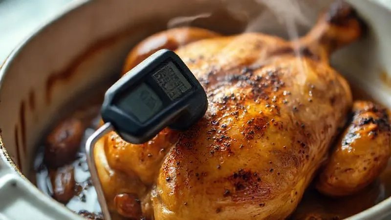 A close-up, photorealistic shot of a digital meat thermometer inserted into a perfectly golden-brown, roasted chicken breast in a baking dish, steam gently rising, cinematic lighting, sharp focus, 8K, depth of field, shot on a high-end DSLR.