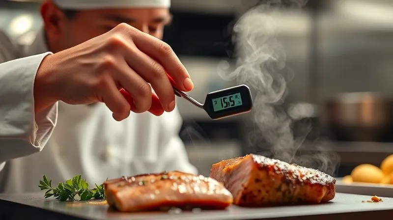 Photorealistic image of a chef checking the internal temperature of a baked tuna steak with a digital thermometer, steam gently rising, cinematic lighting, sharp focus on the thermometer and tuna, depth of field blurring the kitchen background, 8K hyper-detailed.