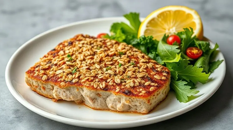 Photorealistic, professional photography of a baked tuna steak with a light, golden oat crust, served on a modern white plate with a side of fresh green salad and a lemon wedge. Cinematic lighting highlights the texture of the crust and the vibrant colors of the salad, sharp focus, depth of field. Shot on a high-end DSLR, 8K hyper-detailed.