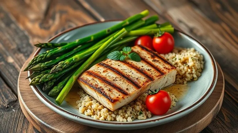 Photorealistic image of a beautifully plated, healthy meal featuring a perfectly baked tuna steak as the centerpiece, surrounded by vibrant roasted asparagus, cherry tomatoes, and a small portion of quinoa, all artfully arranged on a rustic wooden table. Soft, overhead cinematic lighting, sharp focus on the food, depth of field blurring the background. Shot on a high-end DSLR, 8K hyper-detailed.