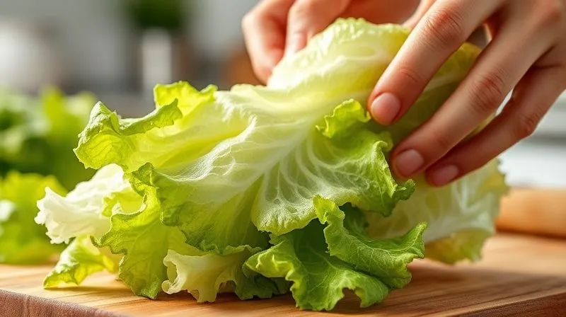 photorealistic, professional photography, 8K, cinematic lighting, sharp focus, depth of field, shot on a high-end DSLR. Close-up of perfectly washed and dried crisp iceberg lettuce leaves, glistening with freshness, being gently torn by hands. The background is a blurred, bright kitchen counter, emphasizing the purity and readiness of the lettuce. The mood is fresh, clean, and inviting.