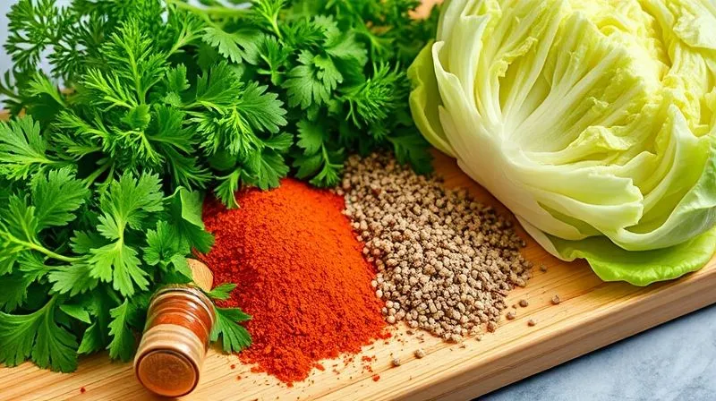 photorealistic, professional photography, 8K, cinematic lighting, sharp focus, depth of field, shot on a high-end DSLR. A close-up of a vibrant assortment of fresh herbs (dill, parsley, mint, basil, chives) and a selection of colorful dried spices (paprika, cumin, chili flakes) artfully arranged on a clean wooden board next to a bowl of crisp iceberg lettuce. The lighting highlights the textures and colors, creating an inviting and aromatic scene, symbolizing flavor enhancement.