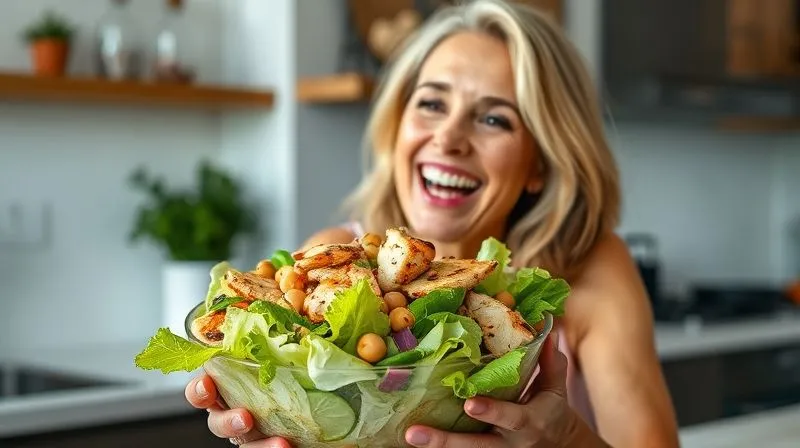 photorealistic, professional photography, 8K, cinematic lighting, sharp focus, depth of field, shot on a high-end DSLR. A woman (Pani Anna, 40s, smiling, healthy) happily enjoying a vibrant, colorful, and richly textured salad in a modern kitchen. The salad bowl is overflowing with crisp iceberg lettuce, grilled chicken strips, chickpeas, various fresh vegetables, and a light, creamy dressing. The scene conveys joy, satisfaction, and the success of a healthy eating journey.