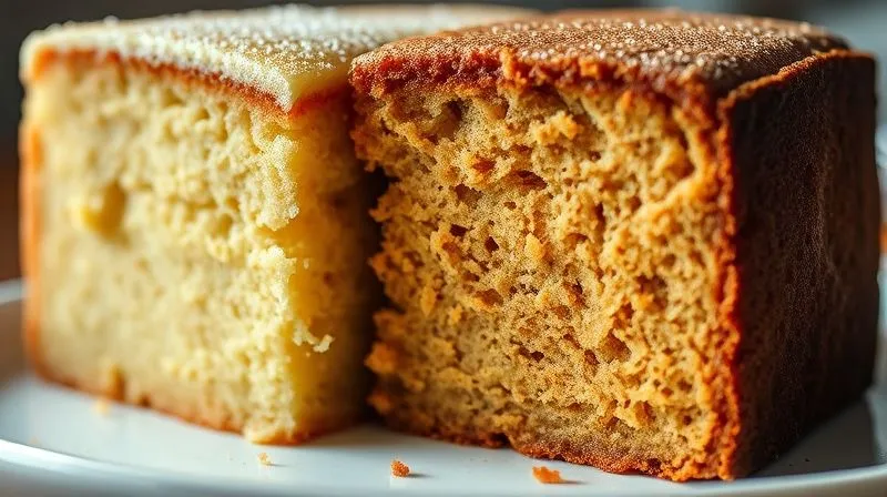 A photorealistic, professional photography, 8K, cinematic lighting, sharp focus, depth of field, shot on a high-end DSLR, showing a close-up of a perfectly baked, golden-brown cake slice next to a pale, under-baked counterpart, highlighting the visual difference caused by sugar's caramelization versus a sugar-free alternative that hasn't browned. The lighting should emphasize the texture and color contrast, making the lack of browning in the sugar-free version look unappetizing. No text or logos.