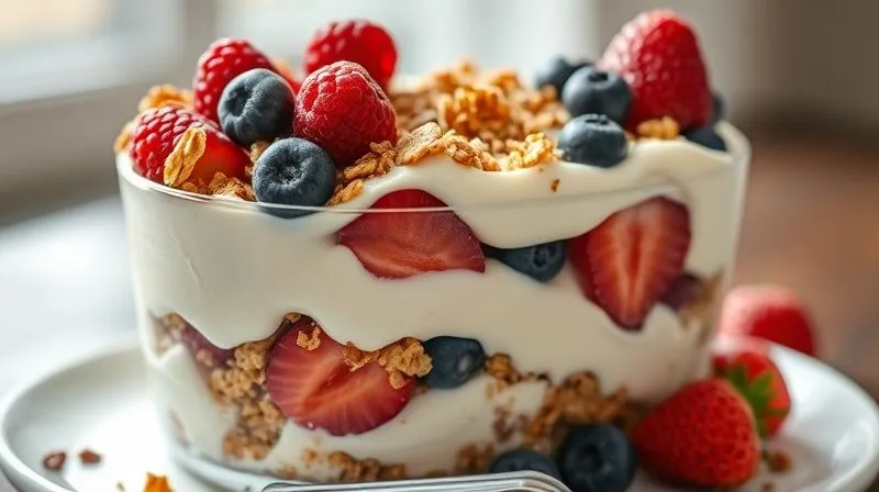 A photorealistic, professional photography, 8K, cinematic lighting, sharp focus, depth of field, shot on a high-end DSLR, showing a deconstructed sugar-free dessert, with distinct layers of creamy mousse, crunchy granola, and fresh berries clearly visible and artfully arranged. The image should emphasize the diverse textures and vibrant colors, making the dessert look incredibly appealing and complex. Soft, natural light highlights the details. No text or logos.