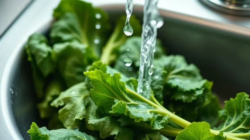 Photorealistic, professional photography, 8K, cinematic lighting, sharp focus, depth of field, shot on a high-end DSLR. A close-up of fresh, vibrant green kale leaves being rinsed under cool, clear running water in a modern kitchen sink, with soft light highlighting the water droplets. The focus is on the crisp texture of the leaves, suggesting freshness and preparation.