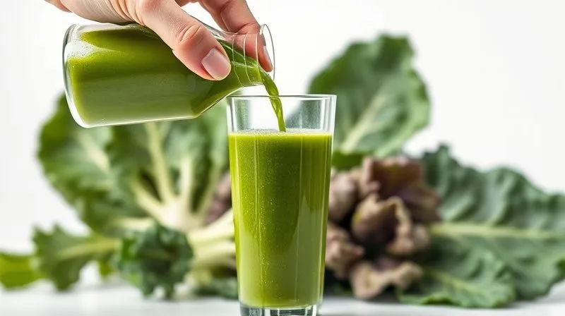 Photorealistic, professional photography, 8K, cinematic lighting, sharp focus, depth of field, shot on a high-end DSLR. A hand gently pouring a vibrant green juice into a clear glass, with a gradually increasing amount of kale leaves visible in the background, symbolizing a slow transition and adaptation. The scene is bright and clean, emphasizing a healthy lifestyle choice.