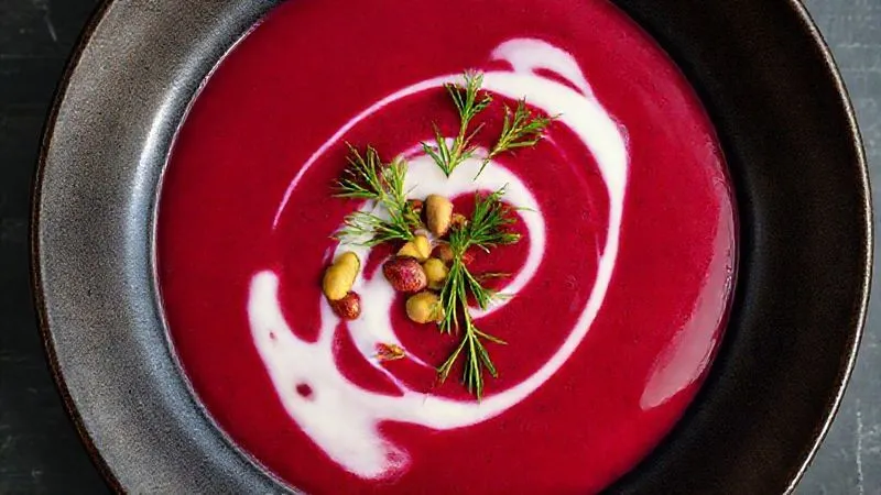 Photorealistic top-down shot of a beautifully garnished beet cream soup, with a sprinkle of roasted pumpkin seeds, fresh dill, and a delicate swirl of light coconut milk, on a dark ceramic plate, cinematic lighting, sharp focus, 8K hyper-detailed.