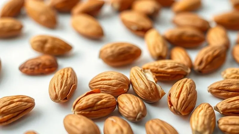 A vibrant, photorealistic macro shot of several perfectly roasted almonds, some slightly cracked, showing their rich texture and golden-brown color. The almonds are scattered on a clean, white background, with a soft, warm glow from cinematic lighting. Sharp focus on the intricate details of the almond skin, with a very shallow depth of field. 8K hyper-detailed, professional photography, shot on a high-end DSLR.
