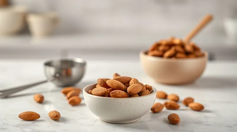 A professional studio shot of a perfectly portioned serving of roasted almonds (approx. 25-30g) in a small, elegant ceramic bowl, next to a measuring spoon. The background is a clean, minimalist kitchen counter with soft, diffused cinematic lighting. Sharp focus on the almonds, with a shallow depth of field. 8K hyper-detailed, professional photography, shot on a high-end DSLR.