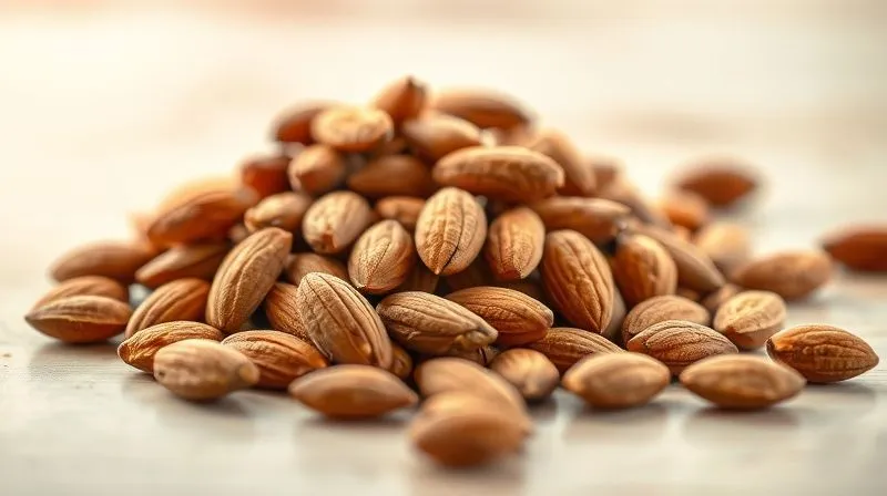A photorealistic, artistic shot of a small pile of roasted almonds next to a few scattered raw almonds, with a subtle glow around them, symbolizing health benefits. The background is a soft, warm blur of natural light, evoking a sense of well-being. Sharp focus on the almonds, with a shallow depth of field. 8K hyper-detailed, professional photography, shot on a high-end DSLR.