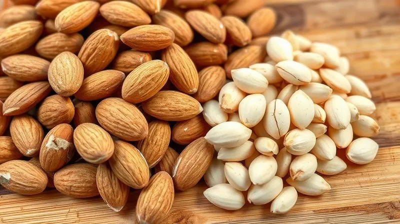 Photorealistic close-up of a pile of raw, unblanched almonds with their skins on, contrasted with a small pile of blanched almonds without skins, on a clean wooden cutting board. The lighting is natural, soft, and professional, highlighting the textures. Shot on a high-end DSLR, 8K, with sharp focus and shallow depth of field.