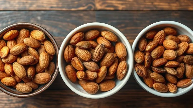 Photorealistic, professional photography of three separate bowls, each containing perfectly roasted almonds prepared with different methods: one from an oven (golden-brown, slightly irregular), one from a pan (darker spots, very crunchy), and one from an air fryer (uniformly crisp). Cinematic lighting, sharp focus on the almonds, depth of field blurring the background. Shot on a high-end DSLR, 8K.