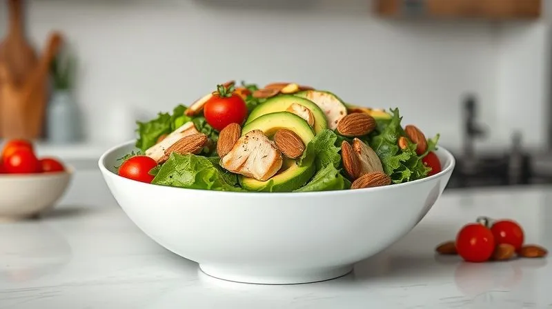 A beautifully styled, photorealistic image of a vibrant, low-carb salad in a modern white bowl, generously topped with perfectly roasted, golden-brown almonds. The salad includes fresh mixed greens, sliced avocado, grilled chicken, and cherry tomatoes. Cinematic lighting, sharp focus on the salad and almonds, depth of field blurring a clean, minimalist kitchen counter. Shot on a high-end DSLR, 8K.