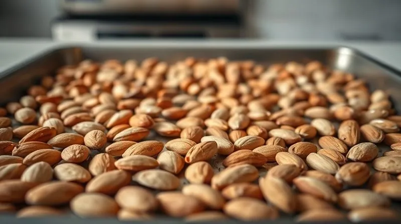 A close-up, photorealistic image of a baking sheet filled with raw, unblanched almonds, evenly spread out, ready to be put into the oven. The background is a slightly blurred, clean kitchen counter. Professional photography, 8K, cinematic lighting, sharp focus on the almonds, depth of field. The image conveys preparation and natural goodness.