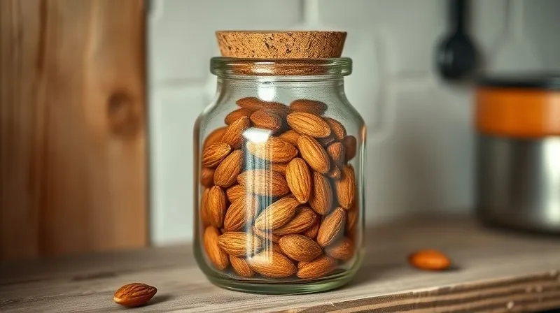 A photorealistic, professional photography image of a small, elegant glass jar filled with perfectly golden-brown roasted almonds, sealed with a cork lid, placed on a rustic kitchen shelf. Soft, natural light illuminates the jar, creating a sense of freshness and homemade goodness. 8K, cinematic lighting, sharp focus on the jar, depth of field blurring the background. The image conveys healthy storage and deliciousness.