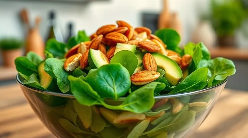 A vibrant, photorealistic image of a fresh, green salad in a stylish bowl, topped with a generous sprinkle of perfectly golden-brown roasted almonds. The salad includes fresh spinach, avocado slices, grilled chicken, and cherry tomatoes. Cinematic lighting, 8K, sharp focus on the salad and almonds, depth of field blurring the background of a modern kitchen. The image evokes health, freshness, and deliciousness.