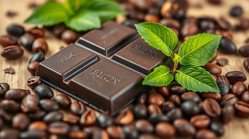 A high-angle, photorealistic image of a dark chocolate bar with at least 70% cocoa visible on the packaging, surrounded by scattered cocoa beans and a few vibrant green matcha leaves, emphasizing natural ingredients and health benefits. Cinematic lighting, sharp focus on the chocolate, depth of field, 8K, professional photography, shot on a high-end DSLR.