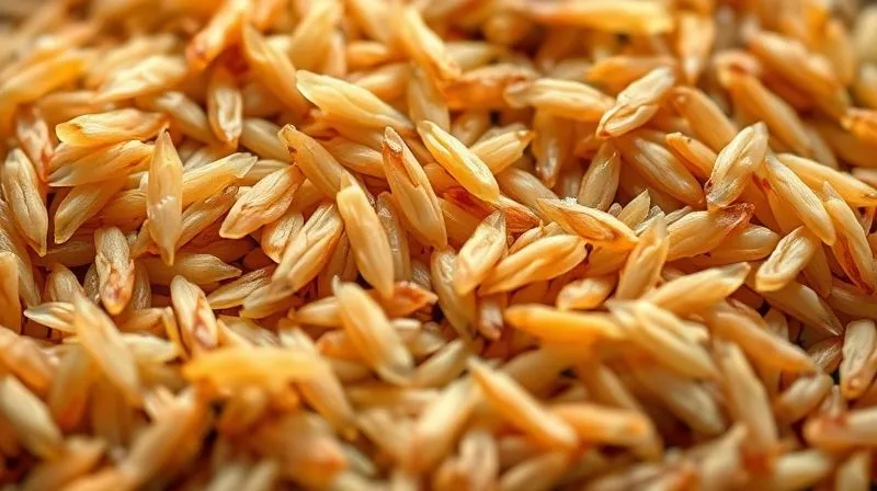 A close-up, photorealistic image of cooked brown rice grains, showing their texture and slight sheen, with a few grains of raw brown rice scattered around for comparison. Soft, diffused lighting highlights the natural color and richness. Professional photography, 8K, cinematic lighting, sharp focus, depth of field, shot on a high-end DSLR.