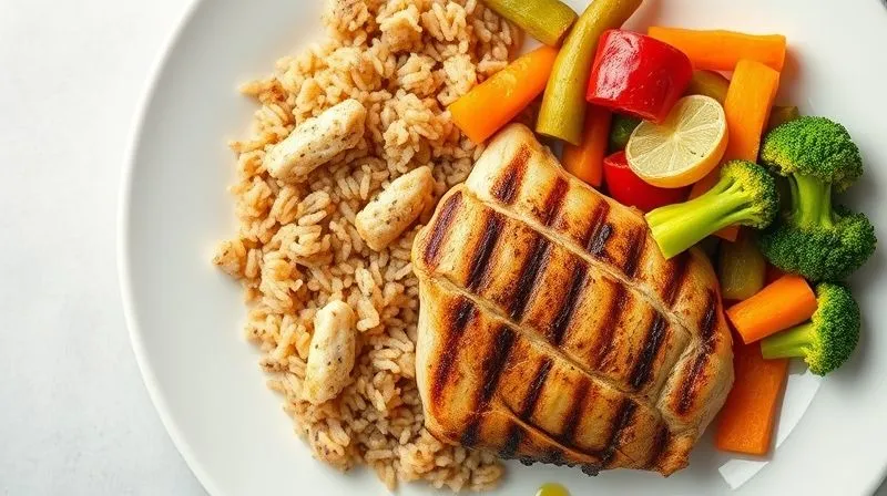 A vibrant, photorealistic overhead shot of a perfectly balanced meal on a white plate. One quarter of the plate holds fluffy brown rice, another quarter has grilled chicken breast, and the remaining half is filled with colorful steamed vegetables (broccoli, bell peppers, carrots). A drizzle of olive oil is visible. Professional photography, 8K, cinematic lighting, sharp focus, depth of field, shot on a high-end DSLR.