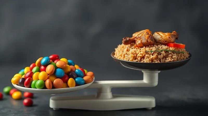A conceptual, photorealistic image depicting two scales. On one side, a pile of colorful candies, on the other, a small, balanced meal with brown rice, chicken, and vegetables. The scale with the meal is slightly heavier, symbolizing nutritional density over empty calories. Professional photography, 8K, cinematic lighting, sharp focus, depth of field, shot on a high-end DSLR.