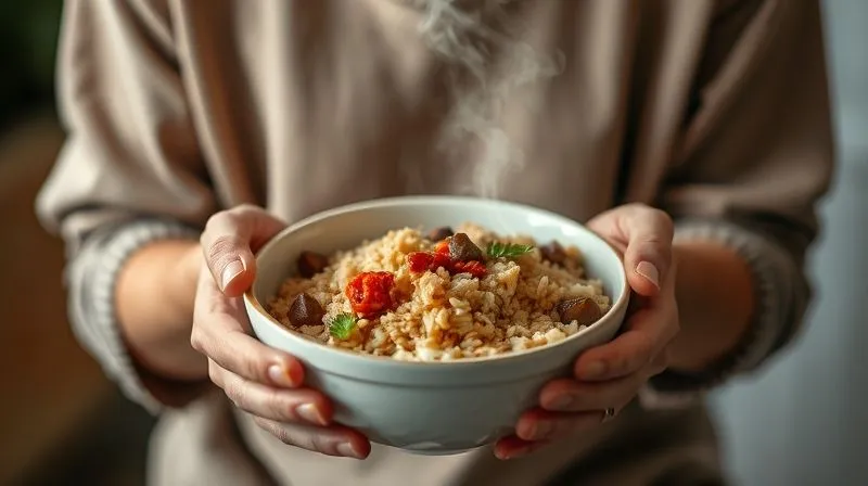 A serene, photorealistic image of a person's hands gently holding a bowl of brown rice and vegetables, with steam subtly rising. The person is looking down at the bowl with a calm, focused expression. The background is softly blurred, emphasizing the act of mindful eating. Professional photography, 8K, cinematic lighting, sharp focus, depth of field, shot on a high-end DSLR.