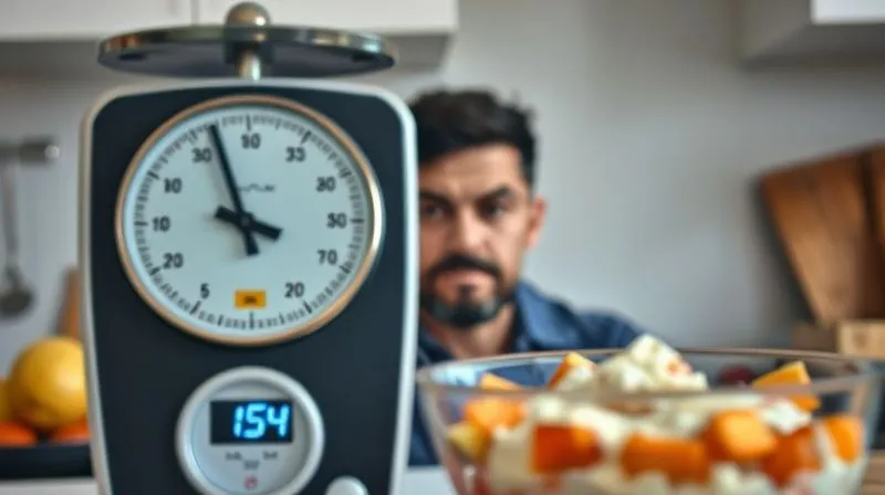 A person looking frustrated at a kitchen scale showing a stagnant number, with a healthy bowl of kasza and yogurt in the foreground, blurred. The expression on the person's face is one of confusion and disappointment. Photorealistic, professional photography, 8K, cinematic lighting, sharp focus on the scale and food, depth of field, shot on a high-end DSLR.