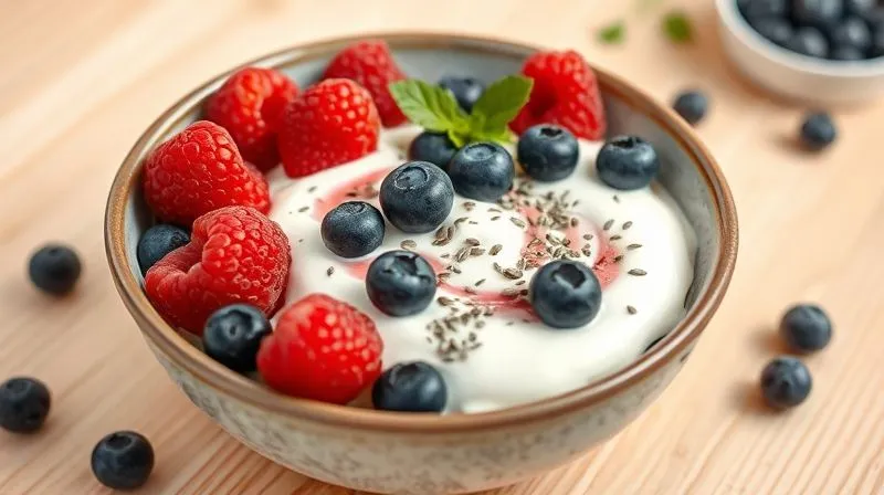 A vibrant, appetizing bowl of kasza with creamy Greek yogurt, fresh raspberries, blueberries, and a sprinkle of chia seeds, presented on a light wooden table. The focus is on the rich textures and colors of the healthy ingredients. Photorealistic, professional photography, 8K, cinematic lighting, sharp focus, depth of field, shot on a high-end DSLR.