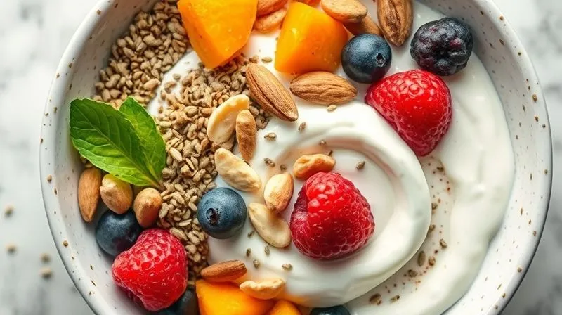 A close-up, top-down view of a bowl of kasza with Greek yogurt, adorned with a colorful array of seeds (chia, flax, pumpkin), nuts (almonds, walnuts), and fresh berries, highlighting the nutrient density and variety. Photorealistic, professional photography, 8K, cinematic lighting, sharp focus, depth of field, shot on a high-end DSLR.