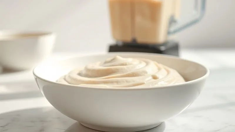 A photorealistic image of a creamy, perfectly smooth millet pudding base in a clean, elegant white bowl, with a blender jug visible in the background, out of focus. Soft, natural light illuminates the scene, highlighting the texture of the pudding. Shot on a high-end DSLR, 8K, sharp focus on the bowl, depth of field.