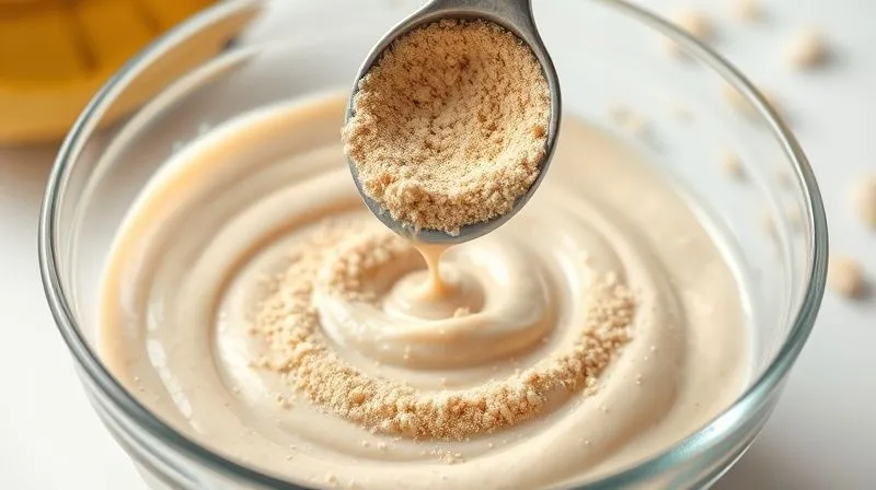 A photorealistic image of a scoop of protein powder being gently poured into a creamy, blended millet pudding in a glass bowl, creating a swirling effect. The scene is bright and clean, with a focus on the smooth texture of the pudding and the fine powder. Shot on a high-end DSLR, 8K, sharp focus, depth of field.