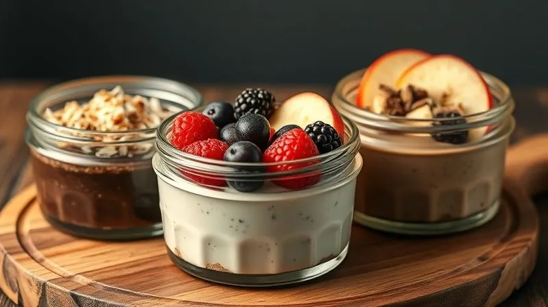 A photorealistic image of three distinct millet pudding desserts arranged elegantly on a wooden board. One is dark chocolate-coconut with shredded coconut, another is white with vibrant mixed berries, and the third is light brown with apple slices and cinnamon. Each is in a small, appealing glass jar or bowl. Cinematic lighting highlights the textures and colors. Shot on a high-end DSLR, 8K, sharp focus, depth of field.