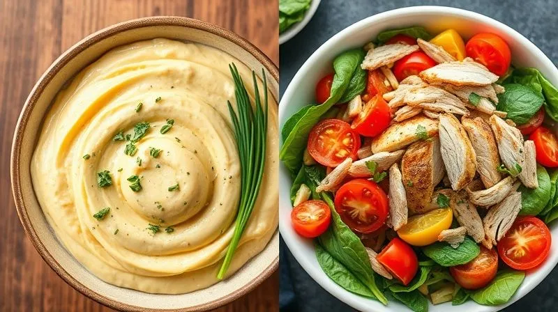 A split image showing two bowls of egg salad. On the left, a traditional, creamy, pale yellow egg salad with minimal additions, looking heavy. On the right, a vibrant, colorful fitness egg salad with chopped herbs, visible lean protein (e.g., shredded chicken), and plenty of fresh vegetables like cherry tomatoes and spinach, looking light and nutritious. Photorealistic, professional photography, 8K, cinematic lighting, sharp focus, depth of field, shot on a high-end DSLR.
