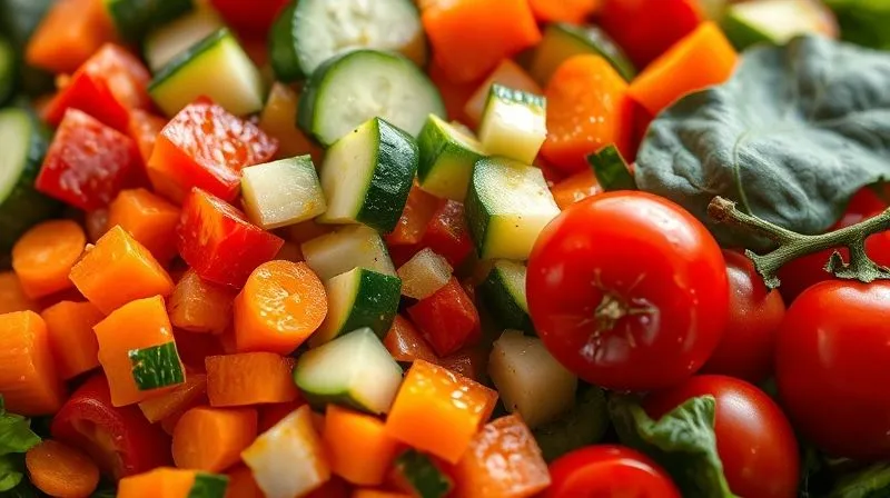 A close-up, photorealistic, professional photography, 8K, cinematic lighting, sharp focus, depth of field, shot on a high-end DSLR of a vibrant medley of fresh, chopped vegetables: red bell peppers, crisp green cucumber, bright orange carrots, dark leafy spinach, and juicy cherry tomatoes, all glistening slightly from a light dressing, suggesting freshness and health.