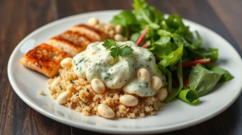 A photorealistic, professional photography, 8K, cinematic lighting, sharp focus, depth of field, shot on a high-end DSLR of a beautifully plated fitness meal. The centerpiece is a generous scoop of a light, herb-infused egg salad, served alongside a portion of perfectly grilled salmon or lean chicken breast, a side of quinoa, and a fresh, colorful mixed green salad with a light vinaigrette. The presentation is elegant and appetizing, emphasizing health and gourmet quality.