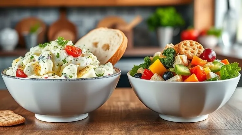 A photorealistic, professional photography, 8K image showing two bowls of egg salad side-by-side. On the left, a traditional, heavy egg salad with thick, creamy mayonnaise and minimal vegetables, served with white bread. On the right, a vibrant, healthy egg salad with colorful fresh vegetables, light dressing, and whole-grain crackers. Cinematic lighting, sharp focus on both bowls, depth of field blurring a kitchen background. Shot on a high-end DSLR.