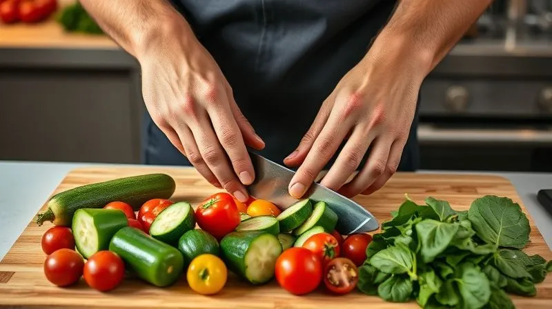 A photorealistic, professional photography, 8K image showing a person's hands expertly chopping a vibrant array of fresh, colorful vegetables – bell peppers, cucumbers, cherry tomatoes, spinach – on a clean wooden cutting board. Cinematic lighting illuminates the scene, highlighting the freshness and texture of the produce. Sharp focus on the vegetables and hands, with a shallow depth of field blurring the background of a modern kitchen. Shot on a high-end DSLR.