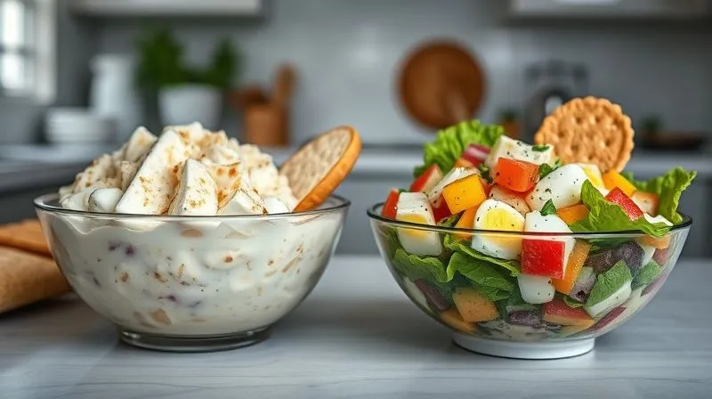 A photorealistic, professional photography, 8K image showing two distinct bowls of egg salad. On the left, a dull, heavy egg salad with excessive mayonnaise and white bread. On the right, a vibrant, healthy egg salad bursting with colorful vegetables, a light, creamy dressing, and served with crisp whole-grain crackers. Cinematic lighting accentuates the contrast, sharp focus on both bowls, with a shallow depth of field blurring a clean kitchen background. Shot on a high-end DSLR.