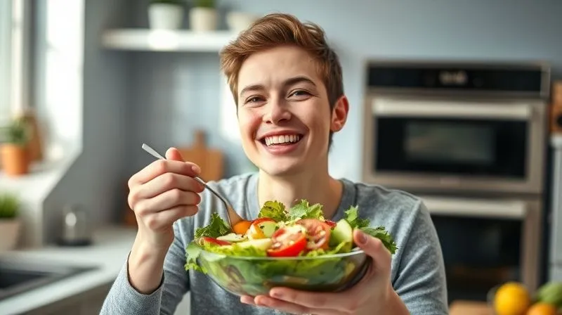 A photorealistic, professional photography, 8K image of a person with a genuine smile, happily eating a vibrant, healthy salad in a bright, modern kitchen. The person looks energetic and satisfied, enjoying their meal. Cinematic lighting casts soft, natural light, sharp focus on the person and the salad, with a shallow depth of field blurring the background of kitchen appliances. Shot on a high-end DSLR.