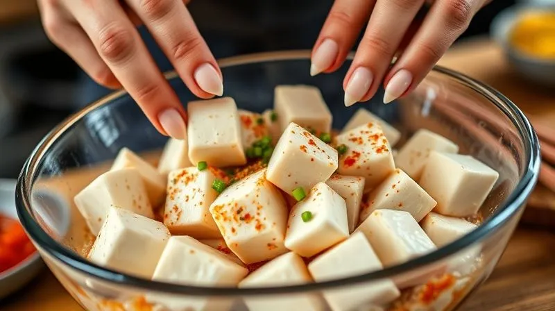 photorealistic, professional photography, 8K, cinematic lighting, sharp focus, depth of field, shot on a high-end DSLR, a close-up of tofu cubes being tossed in a bowl with cornstarch and a vibrant marinade, colorful spices visible, hands gently mixing, kitchen background slightly blurred