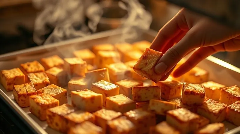photorealistic, professional photography, 8K, cinematic lighting, sharp focus, depth of field, shot on a high-end DSLR, a baking sheet filled with golden-brown, crispy tofu cubes just out of the oven, steam gently rising, a hand reaching for a piece, warm kitchen light