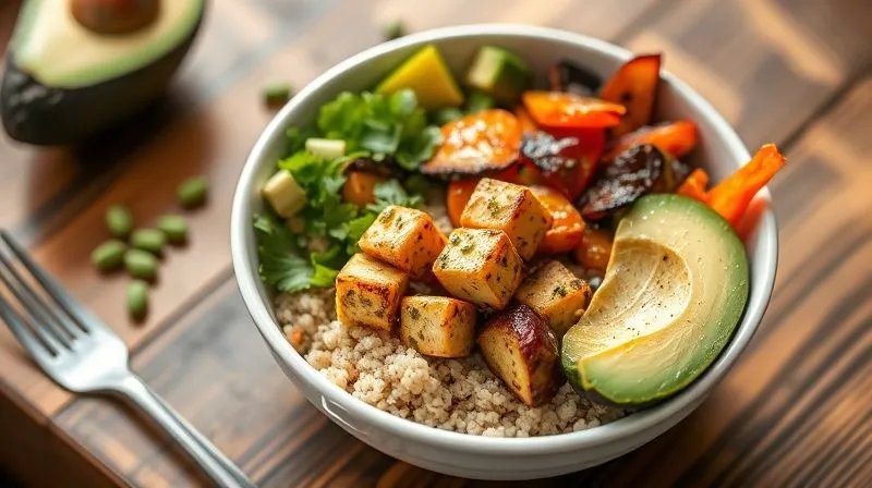 photorealistic, professional photography, 8K, cinematic lighting, sharp focus, depth of field, shot on a high-end DSLR, a vibrant and healthy Buddha bowl with crispy tofu cubes, quinoa, roasted vegetables, and avocado, beautifully arranged on a wooden table, natural light