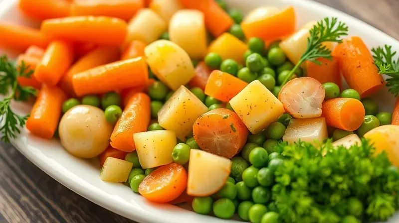 Photorealistic, professional photography of a vibrant, colorful array of freshly steamed and baked vegetables, including carrots, potatoes, peas, and parsley root, beautifully arranged on a white ceramic platter, ready for dicing. Cinematic lighting, sharp focus, depth of field blurring the background, 8K hyper-detailed, shot on a high-end DSLR.