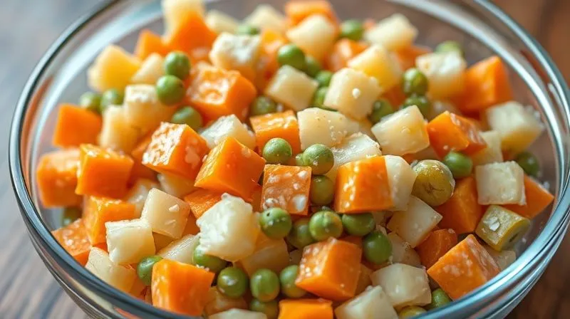 Photorealistic, professional photography of a close-up of perfectly diced and mixed vegetables for a salad, showcasing uniform cubes of carrots, potatoes, peas, and pickles, lightly coated with a creamy, light dressing, in a transparent glass bowl. Cinematic lighting, sharp focus on the texture, depth of field blurring the background, 8K hyper-detailed, shot on a high-end DSLR.