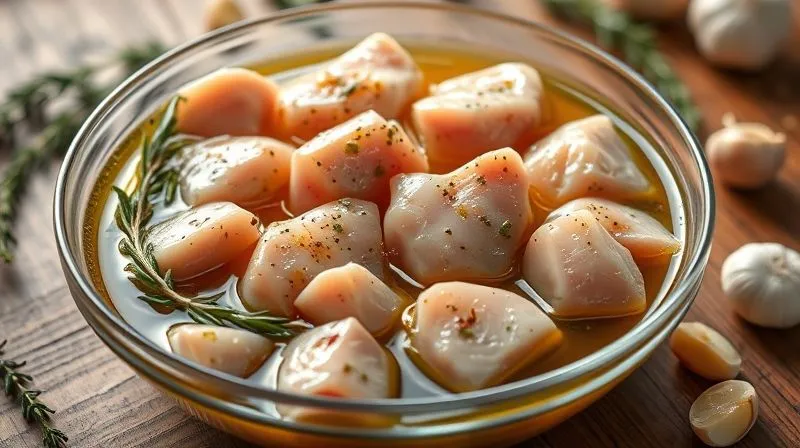 A close-up, photorealistic image of raw chicken breast cubes marinating in a vibrant, herb-infused liquid in a glass bowl. The chicken pieces are glistening with olive oil and spices, surrounded by fresh sprigs of rosemary and thyme, and thinly sliced garlic. The bowl is set on a rustic wooden table with soft, natural light, creating a sense of anticipation and healthy preparation. Sharp focus on the marinated chicken, with a shallow depth of field. 8K hyper-detailed, professional photography, shot on a high-end DSLR.